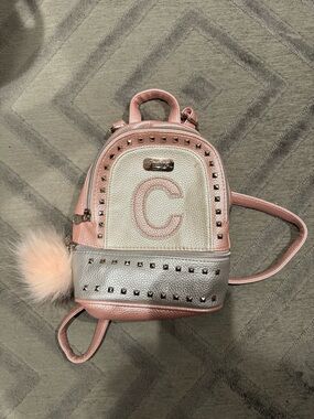 Vintage Justice Pink & Silver Mini Backpack with 'C' Initial and Pom Pom